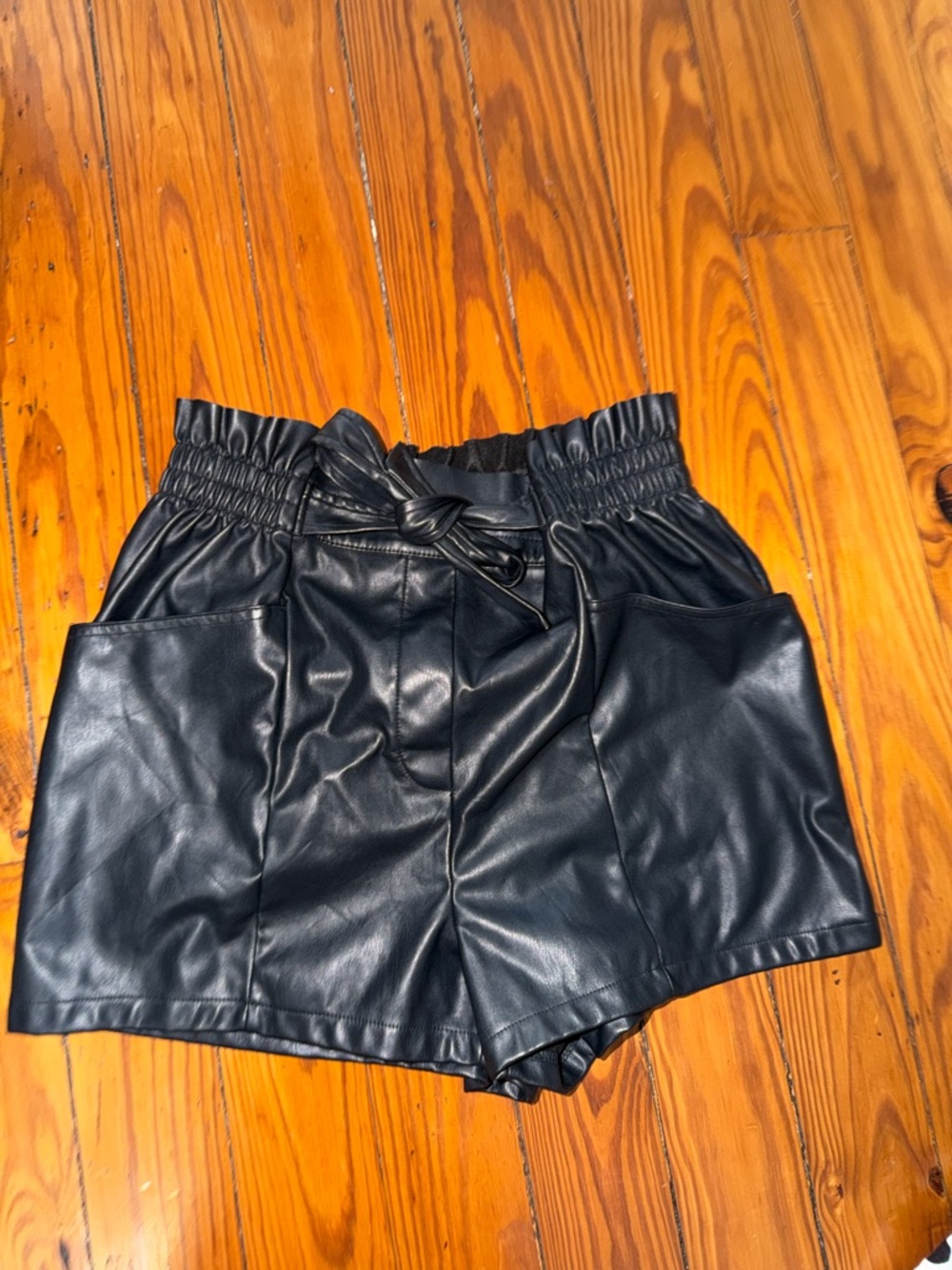 High-Waist Black Faux Leather Paperbag Shorts